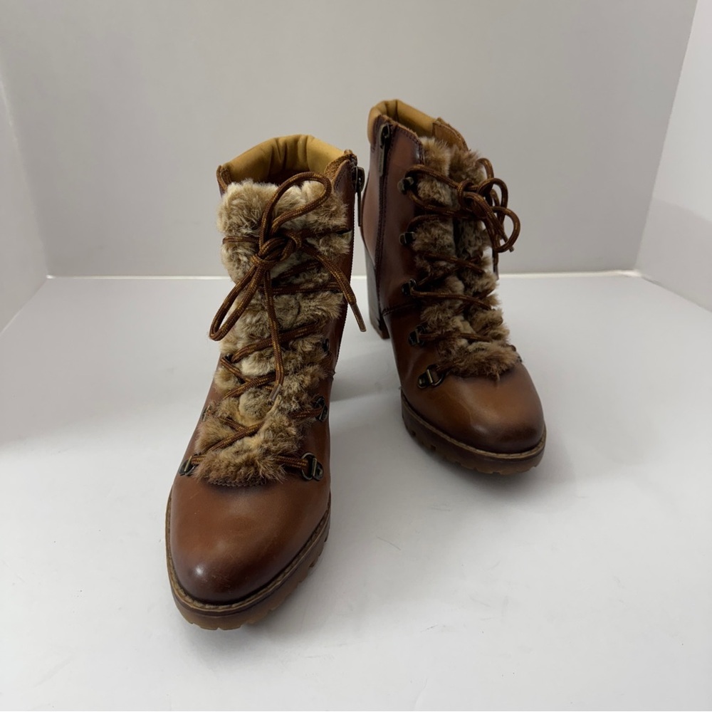 Pikolinos Womens leather lace-up ankle boots heels faux fur brown sz 38 - Picture 4 of 13
